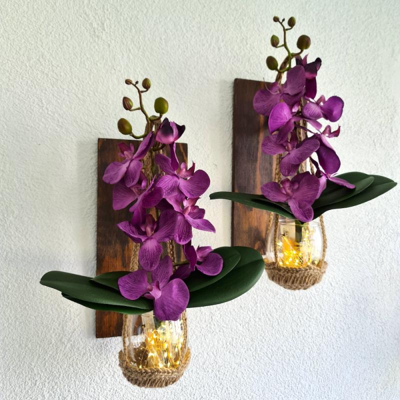 Duvar Dekoru, Led Işıklı, Mor Orkide Çiçekli, Ceviz Aplik İkili Set