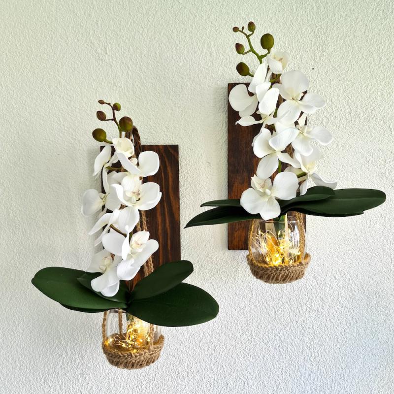 Duvar Dekoru, Led Işıklı, Beyaz Orkide Çiçekli, Ceviz Aplik İkili Set