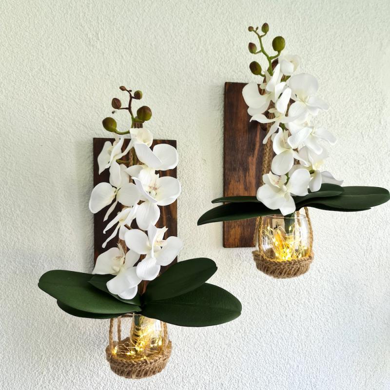 Duvar Dekoru, Led Işıklı, Beyaz Orkide Çiçekli, Ceviz Aplik İkili Set