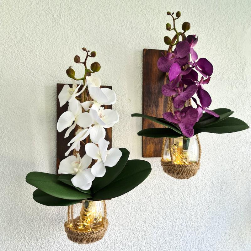 Duvar Dekoru, Led Işıklı, Mor ve Beyaz Orkide Çiçekli, Ceviz Aplik İkili Set