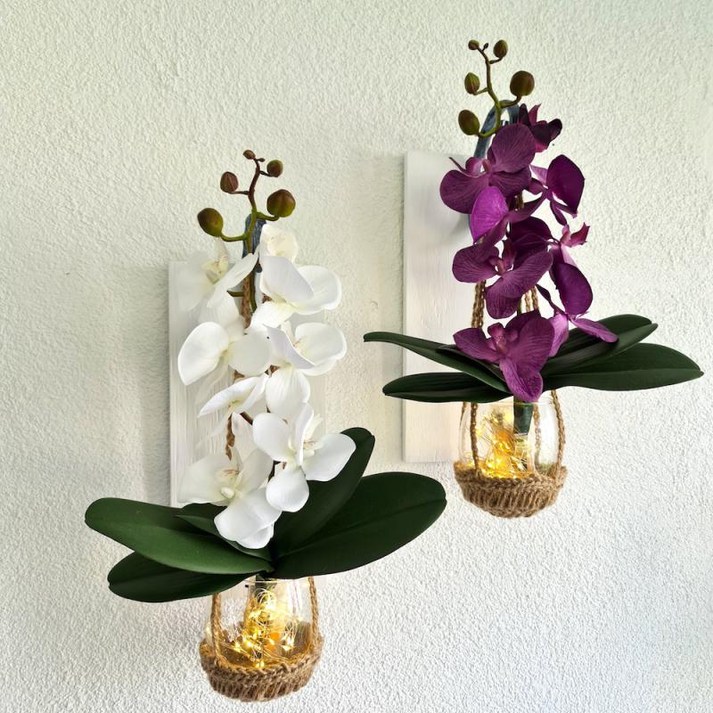 Duvar Dekoru, Led Işıklı, Mor ve Beyaz Orkide Çiçekli, Beyaz Aplik İkili Set
