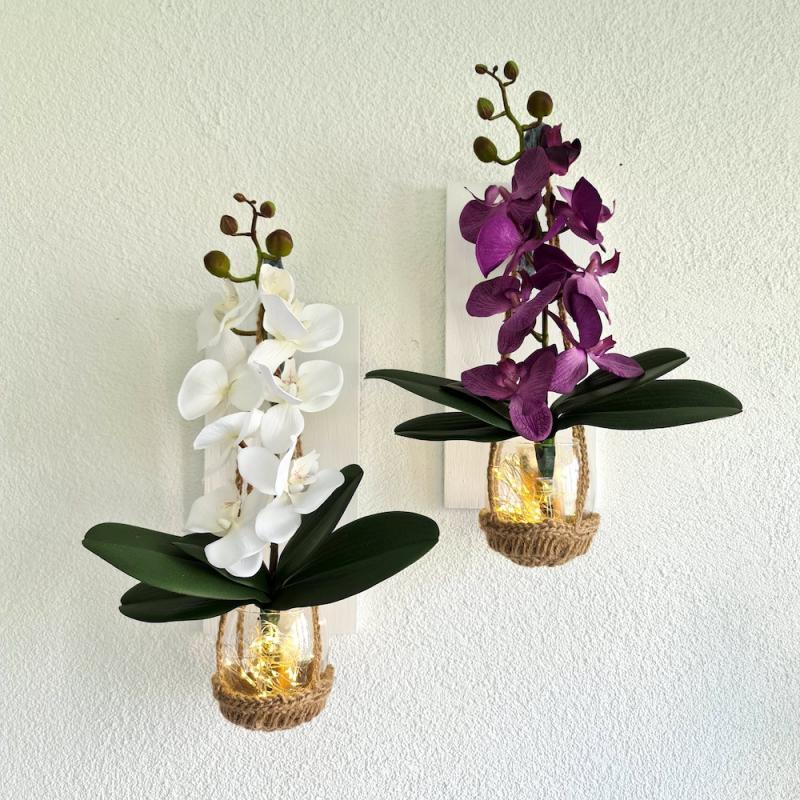 Duvar Dekoru, Led Işıklı, Mor ve Beyaz Orkide Çiçekli, Beyaz Aplik İkili Set