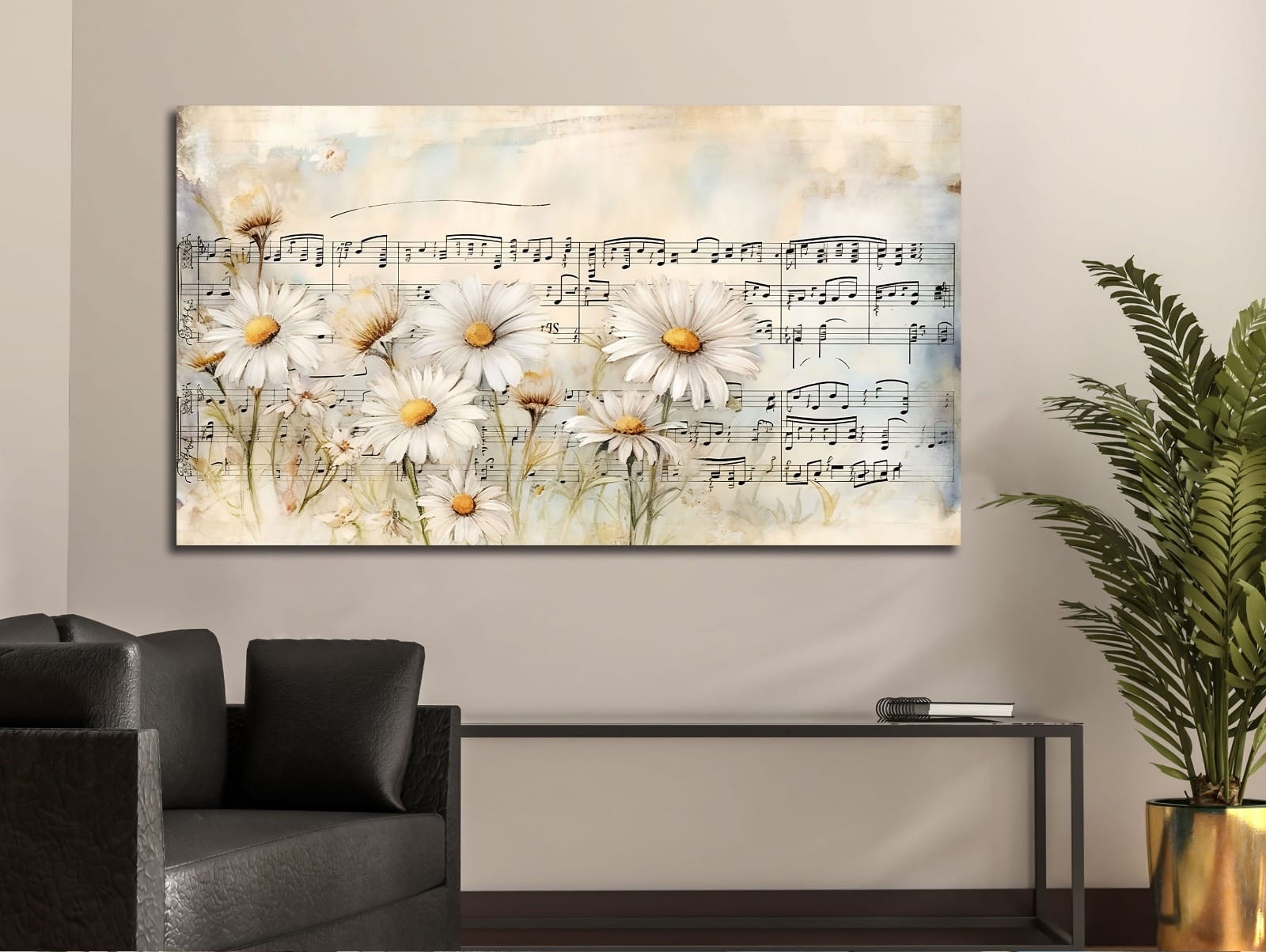 Papatya%20ve%20Notalar%20-%20Sim%20İşlemeli%20Kanvas%20Tablo