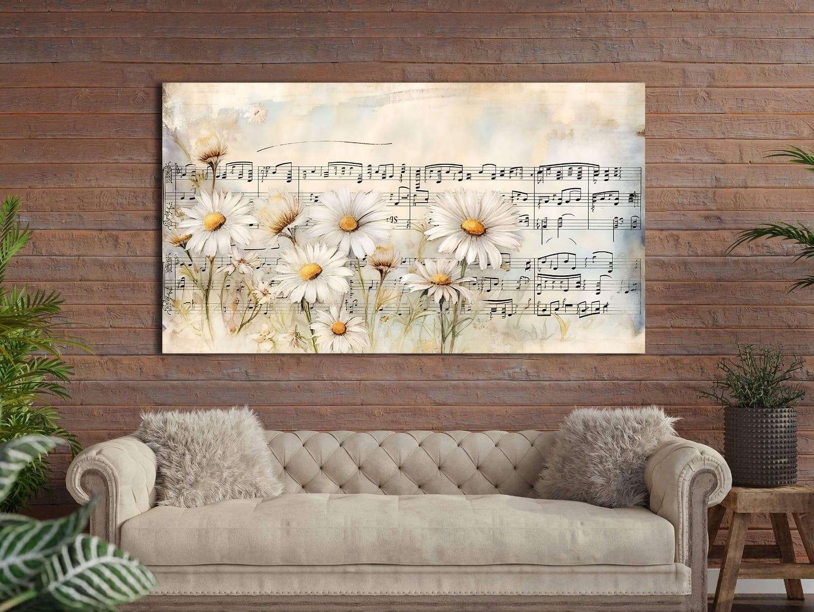 Papatya%20ve%20Notalar%20-%20Sim%20İşlemeli%20Kanvas%20Tablo