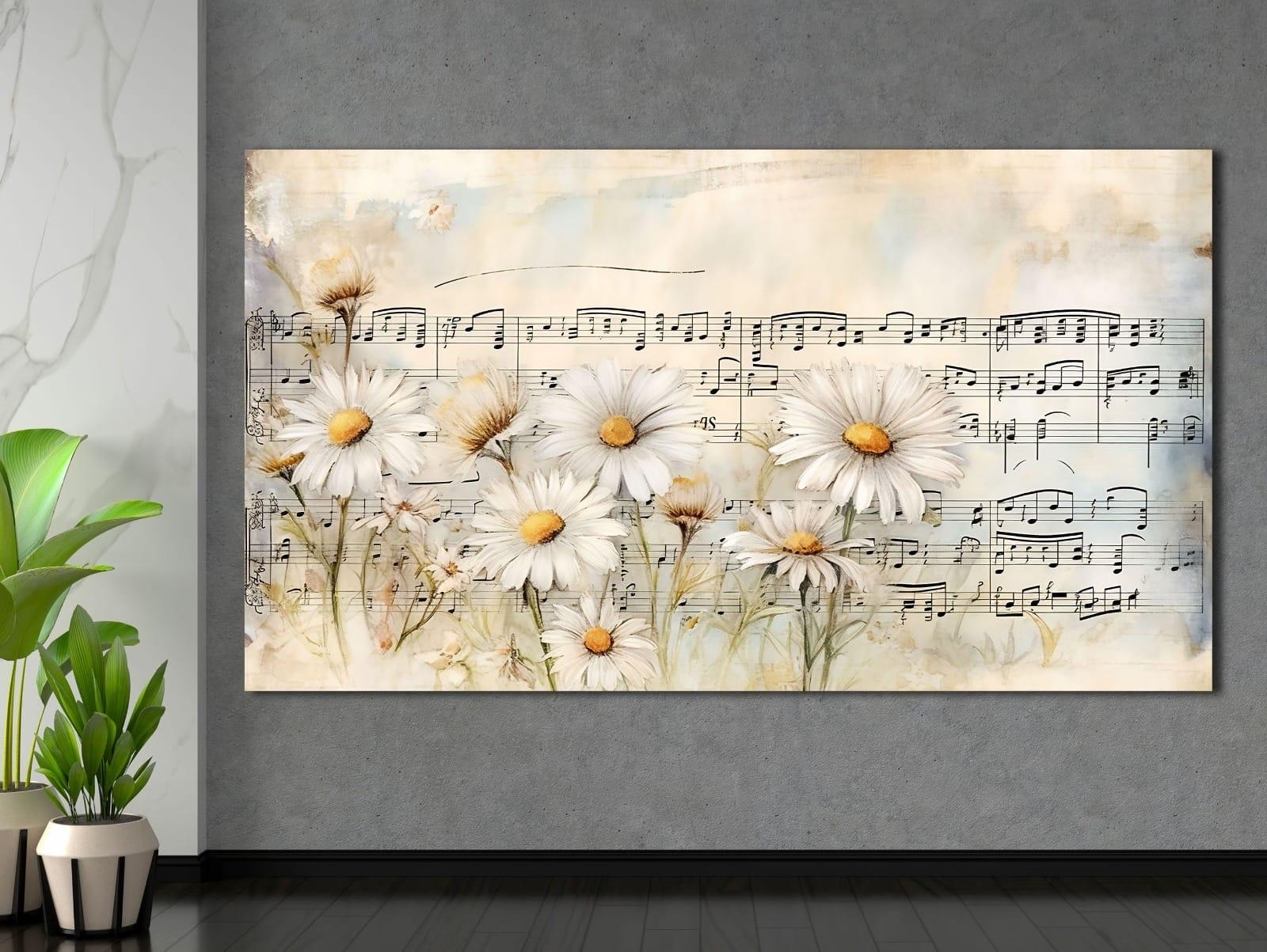 Papatya%20ve%20Notalar%20-%20Sim%20İşlemeli%20Kanvas%20Tablo