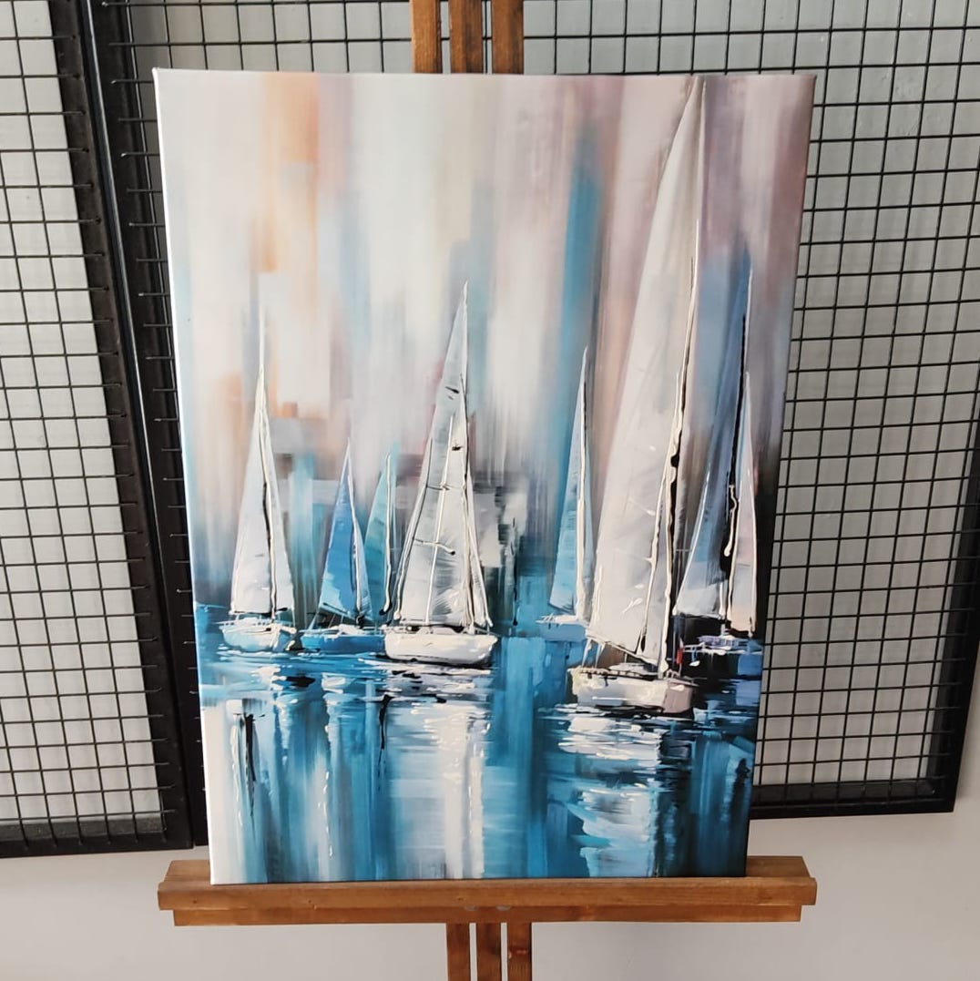 BOATS ON SEA - Yağlı Boya Efektli Kanvas Tablo